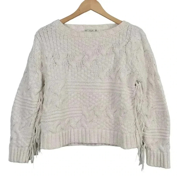 Zara Chunky Knit  Fringe Crop Sweater Cream Size Medium - Picture 3 of 13
